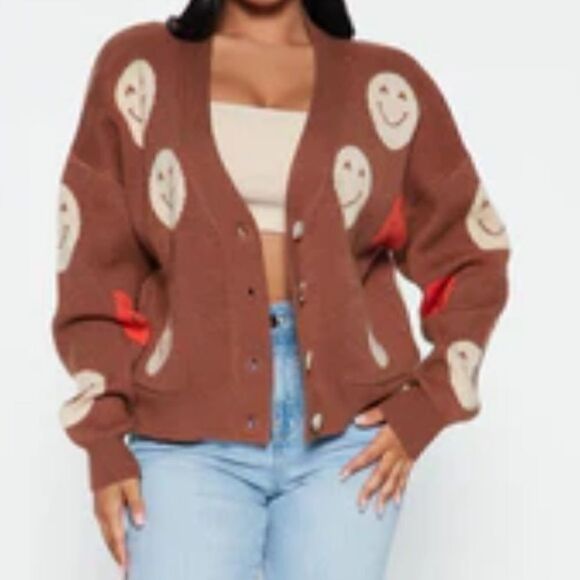 Forever 21 smiling face heavy thicker brown cardigan sweater - Picture 1 of 5